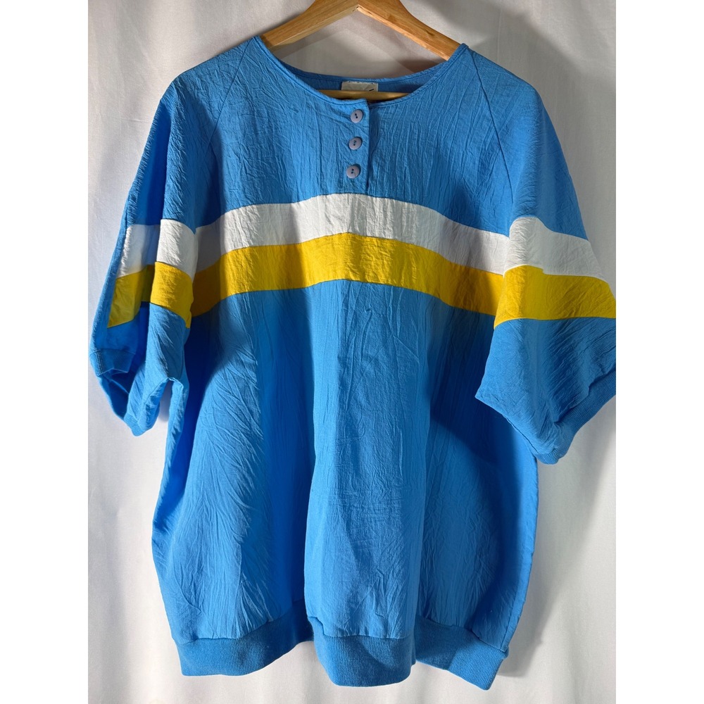 Orare Vintage Henley Top‎ Blue Yellow White Striped Short Sleeve Made in USA
